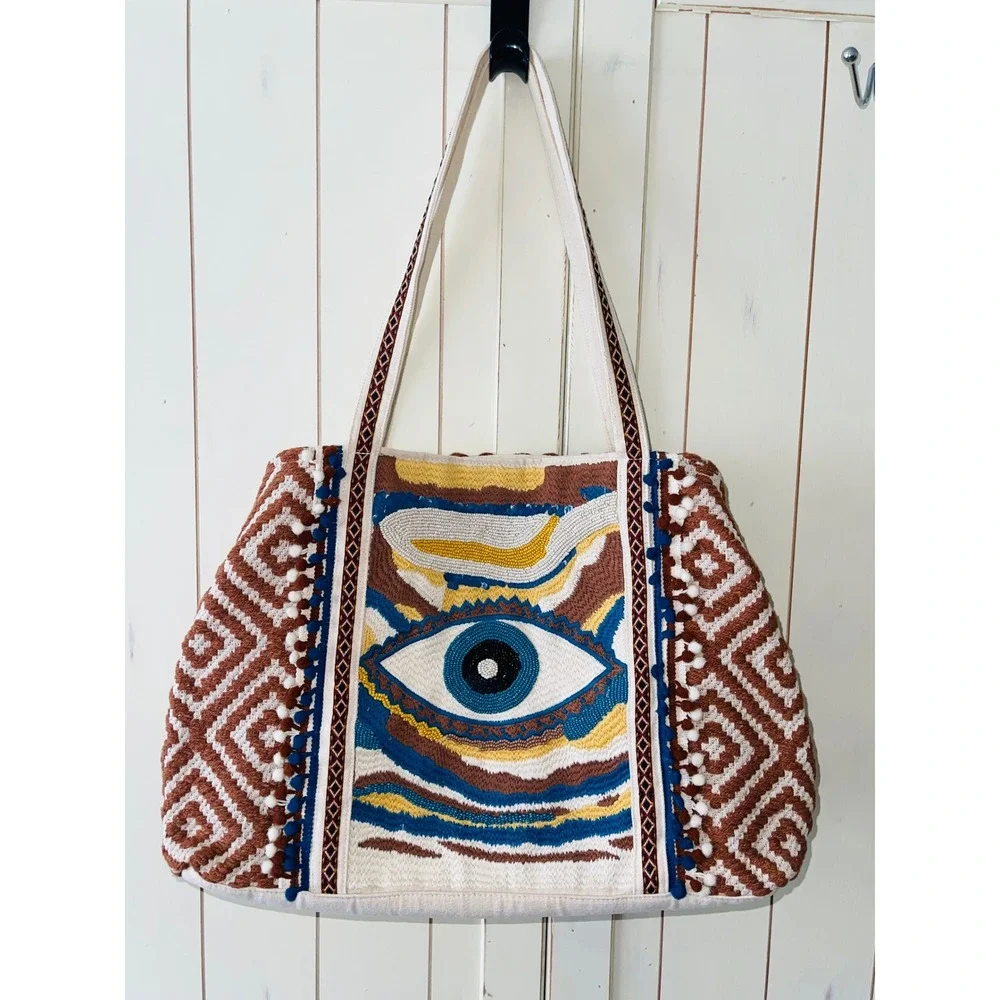 America & Beyond Beaded Evil Eye Tote Bag Southwestern Jacquard Shoulder Bag